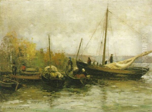 Batar Vid Brygga Oil Painting by Olof Hermelin