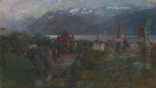 A Swiss Town By Lake Geneva Oil Painting by Abraham Hermenjat