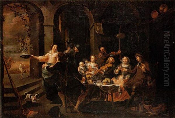 Scene De Banquet Avec Un Violoniste Oil Painting by Willem van Herp the Elder