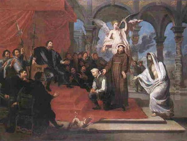 St. Francis And A Figure Interceding To A Council On Behalf Of A Bound And Kneeling Man With A Crucifix Oil Painting by Willem van Herp the Elder
