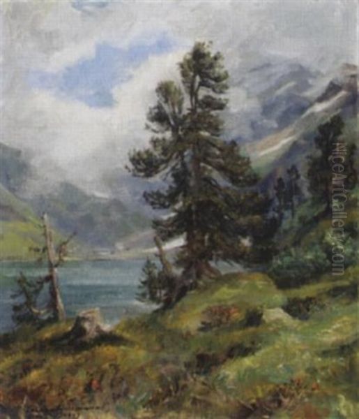 Einsame Arve, Jochpass Oil Painting by Caspar Josef Herrmann