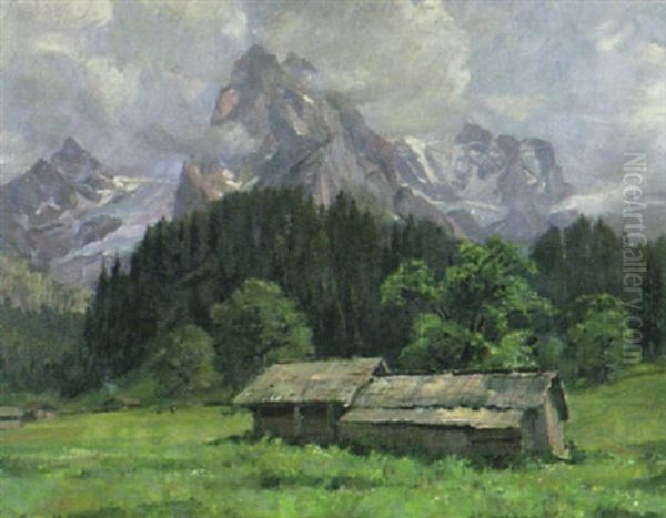 Hutten In Der Gschandenmad, Rosenlaui Oil Painting by Caspar Josef Herrmann