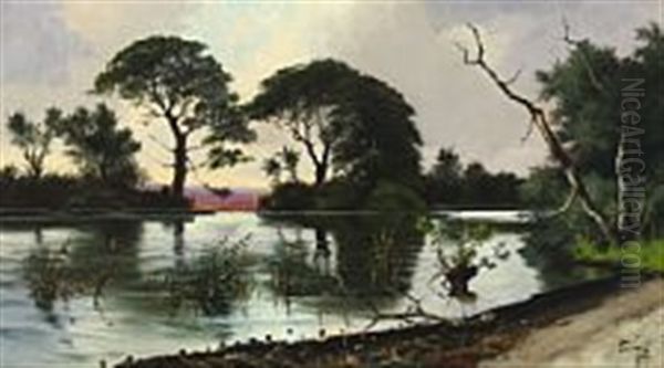 Landscape With Lake And Heather Oil Painting by Oscar Herschend