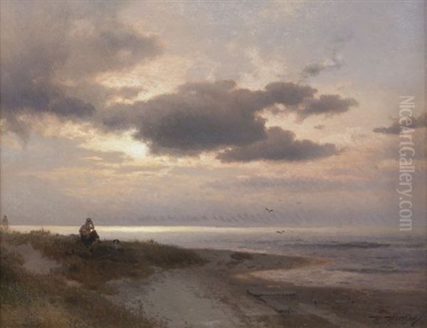 Beach At Sunset Oil Painting by Hermann Herzog