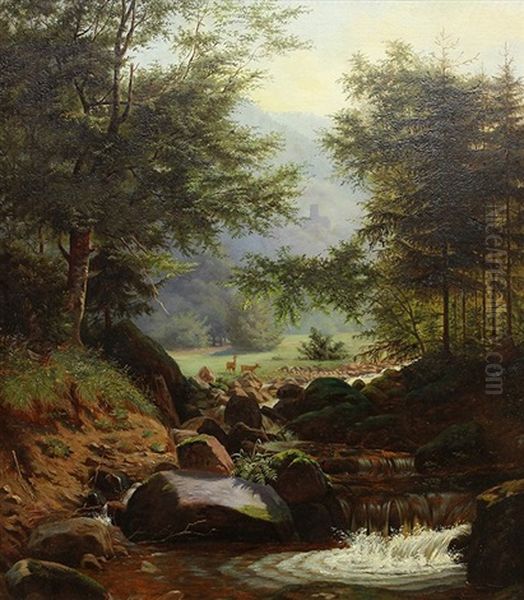 Deer By A Mountain Stream Oil Painting by Hermann Herzog