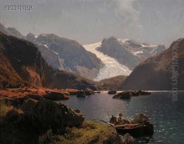 Fisherman On A Mountain Lake Oil Painting by Hermann Herzog