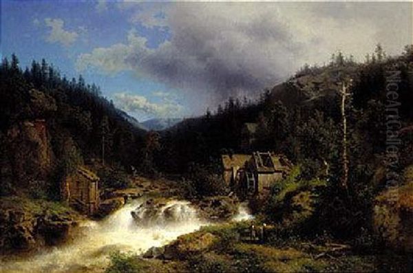 Landscape With A Watermill Oil Painting by Hermann Herzog