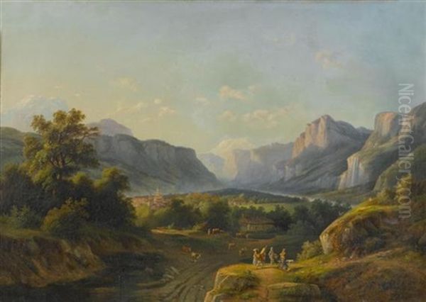 Jager Und Wanderer In Einer Tallandschaft Oil Painting by Benedikt Franz Hess