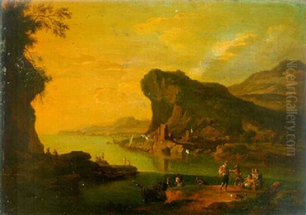 A Mediterranean Coastal Landscape With Anglers On A River Bank And Shepherds On A Road Beyond, At Sunset Oil Painting by Jacob De Heusch