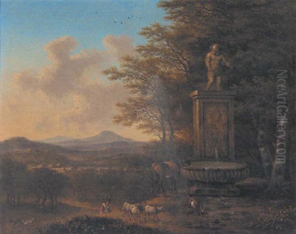 An Extensive Landscape With A Shepard And His Flock At A Fountain Oil Painting by Willem de Heusch