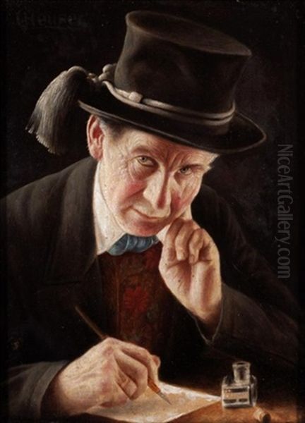 Portrait Of A Gentleman Writing A Letter (+ Portrait Of A Lady In A Bonnet; Pair) Oil Painting by Carl Heuser