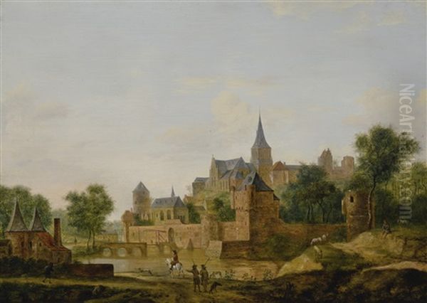 A View Of An Old Fortified Town With Figures Returning From A Hunt Oil Painting by Jan Van Der Heyden