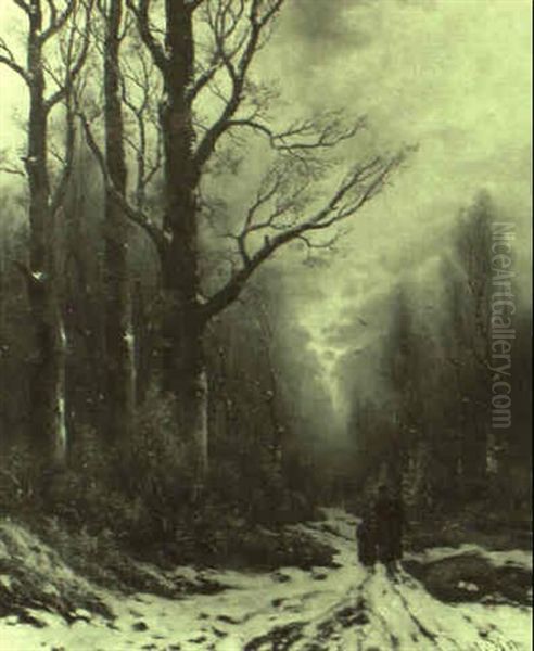 Jagdgesellschaft In Verschneitem Winterwald Oil Painting by Friedrich Josef Nicolai Heydendahl