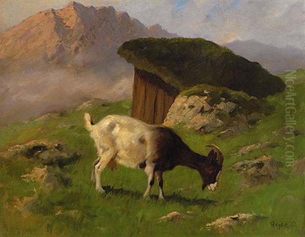 Weidende Ziege In Hochalpenlandschaft Oil Painting by Arthur Heyer
