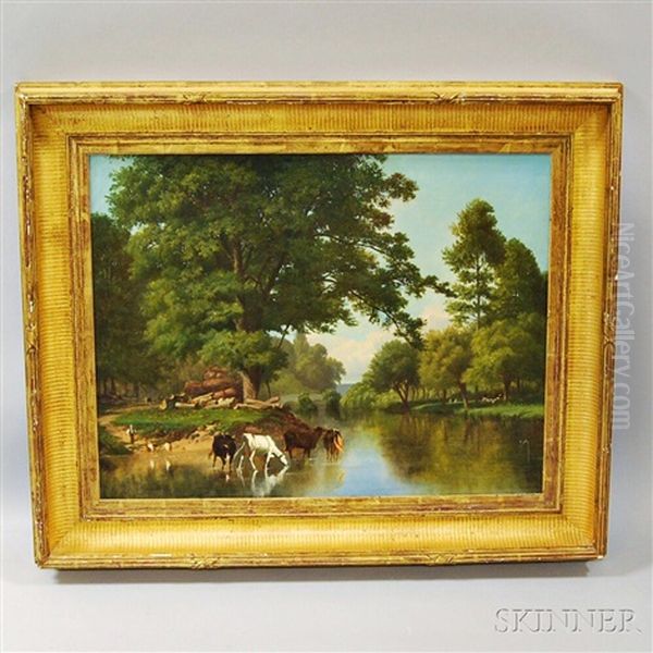 River Scene With Cows Oil Painting by George Frank Higgins