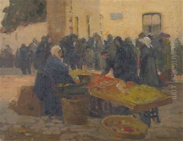 Belgian Marketplace Oil Painting by Victor William Higgins