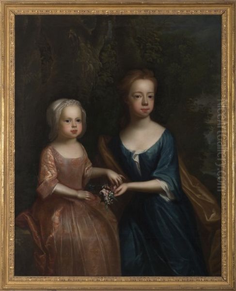 Portrait Of Two Children In Landscape, Each Holding A Sprig Of Flowers Oil Painting by Joseph Highmore