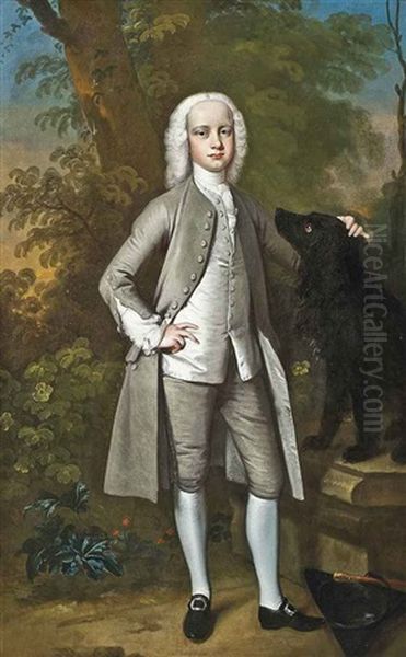 Portrait Of A Young Boy, Thought To Be Joseph Taylor, In A Grey Coat And Breeches And A White Waistcoat With A Black Flat-coated Retriever, In A Park Landscape, His Tricorn Hat And Stick On The Ground Oil Painting by Joseph Highmore