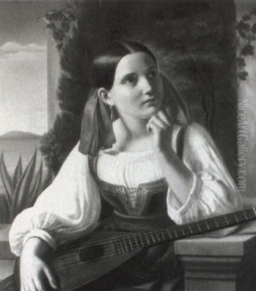 Junge Italienerin Auf Br_stung Sitzend Mit Mandoline Auf Dem Schos Oil Painting by Ferdinand Theodor Hildebrandt