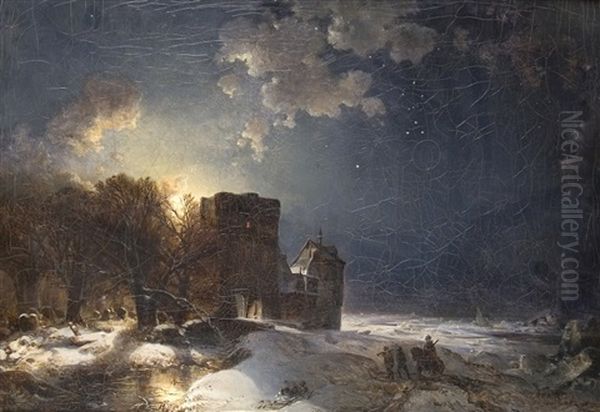 Wintry Moonlit Night Oil Painting by Carl Hilgers