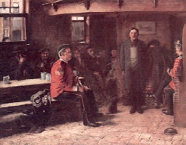 A Tavern Interior With Two British Officers Questioning A Young Man Oil Painting by Thomas Hill
