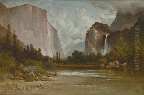 Indians Fishing In Yosemite Oil Painting by Thomas Hill
