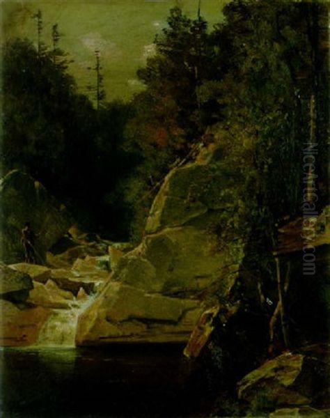 Fishing In A Mountain Stream Oil Painting by Thomas Hill