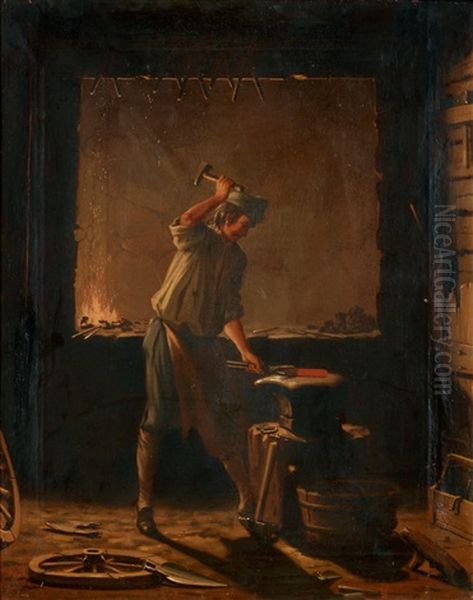 Interior Av En Klensmedja Med En Smed I Arbete Oil Painting by Pehr Hillestroem