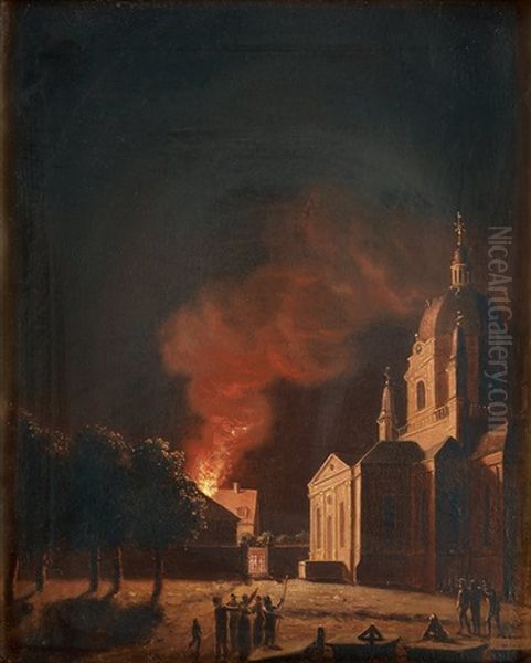 Brand Vid Katarina Kyrka Oil Painting by Pehr Hillestroem