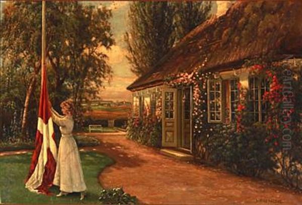 A Woman Hoists The Danish Flag In A Garden Oil Painting by Hans Hilsoe