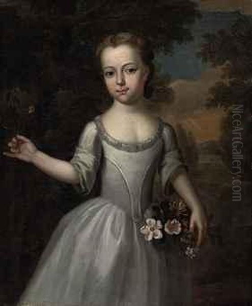 Portrait Of A Young Girl, Three-quarter-length, In A Grey Dress With A Basket Of Flowers In A Landscape Oil Painting by Thomas Bardwell