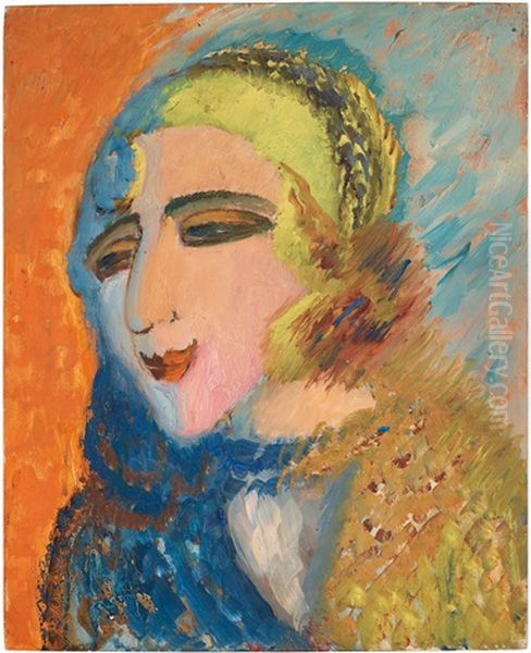 Flickhuvud I Gul Mossa (girl Head In Yellow Hat) Oil Painting by Sigrid (Maria) Hjerten