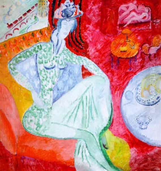 Kvinna I Rod Interior Oil Painting by Sigrid Hjerten