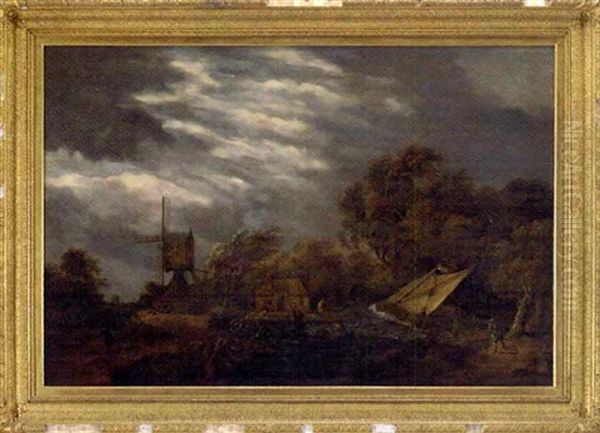 A River Landscape With A Boat In Stormy Waters With A Windmill, Fishermen And Figures On A Wooded Track Oil Painting by Meindert Hobbema
