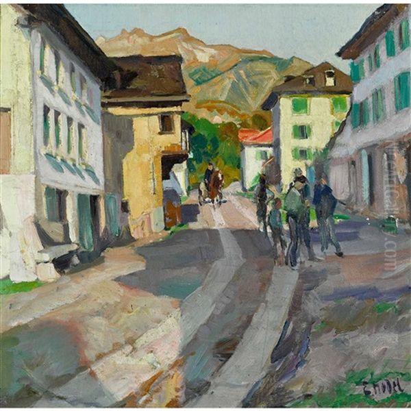 Feierabendstimmung In Schweizer Voralpendorf Oil Painting by Ernst Hodel the Younger