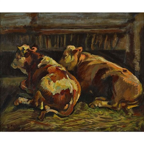 Liegende Kuhe Im Stall Oil Painting by Ernst Hodel the Younger