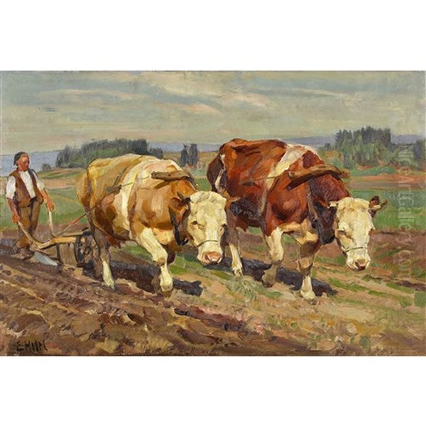 Pflugender Bauer Auf Seinem Acker Oil Painting by Ernst Hodel the Younger