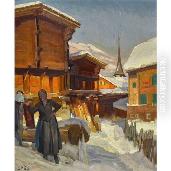 Munster In Goms Oil Painting by Ernst Hodel the Younger