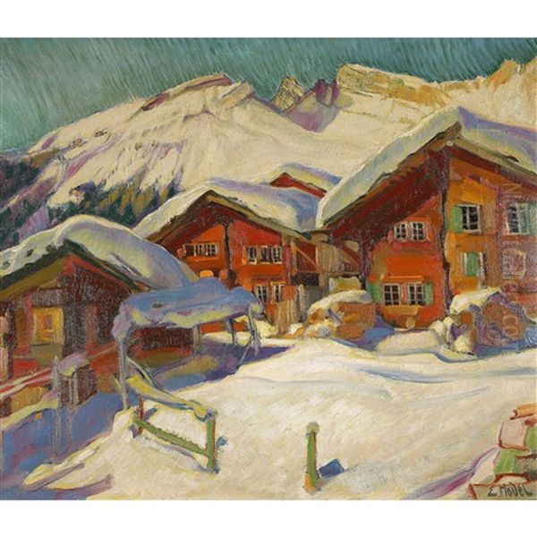 Murren Im Winter Oil Painting by Ernst Hodel the Younger