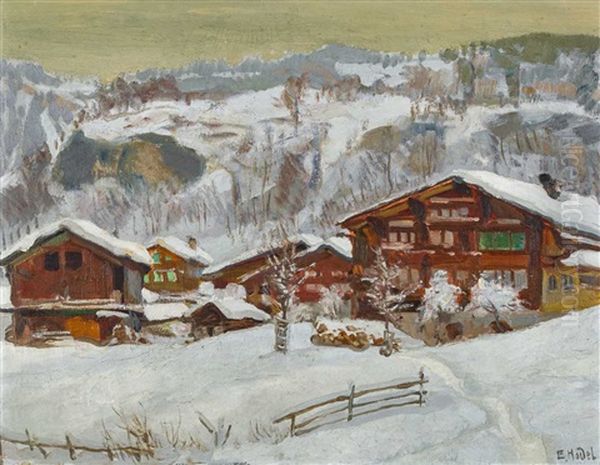 Brienzwiler Hauser Im Winter Oil Painting by Ernst Hodel the Younger