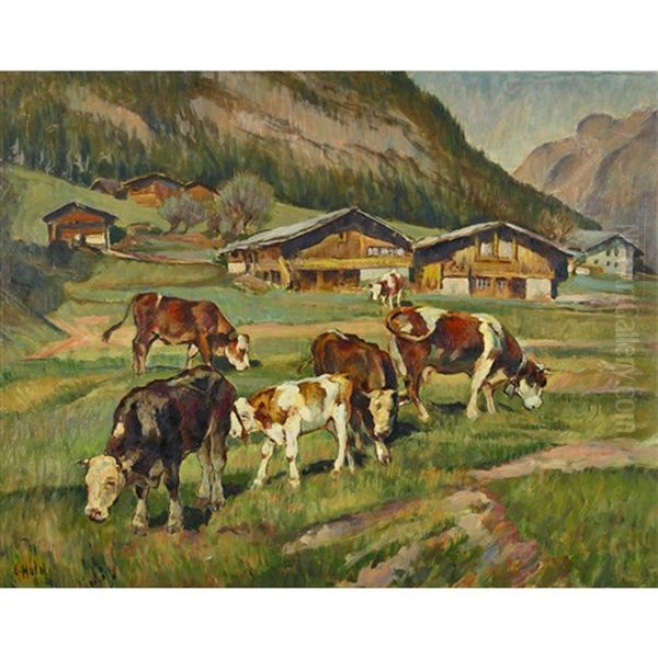 Weidende Kuhe Auf Der Alp Oil Painting by Ernst Hodel the Younger