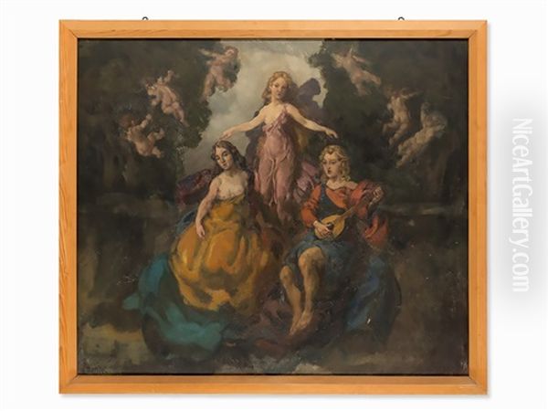 Three Graces With Putti Oil Painting by Ernst Hodel the Younger