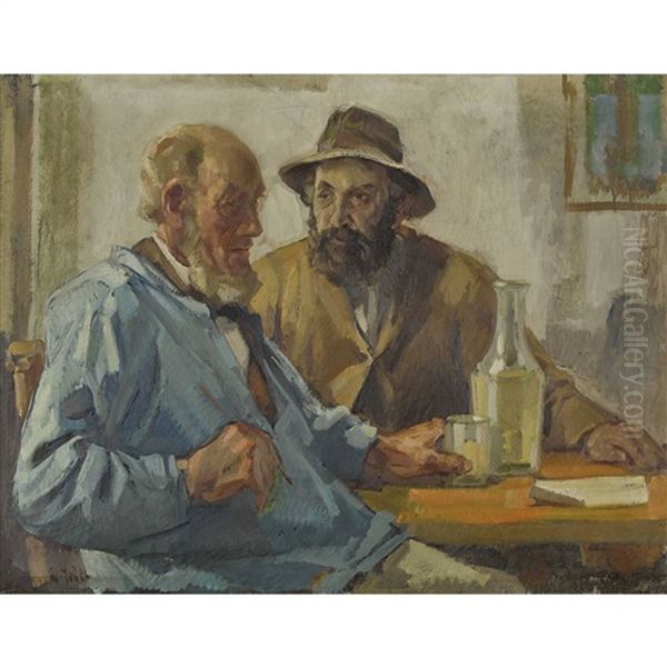 Interieur Mit Zwei Mannern Am Tisch Oil Painting by Ernst Hodel the Younger