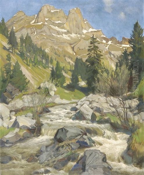 Gebirgslandschaft Mit Bach Oil Painting by Ernst Hodel the Younger