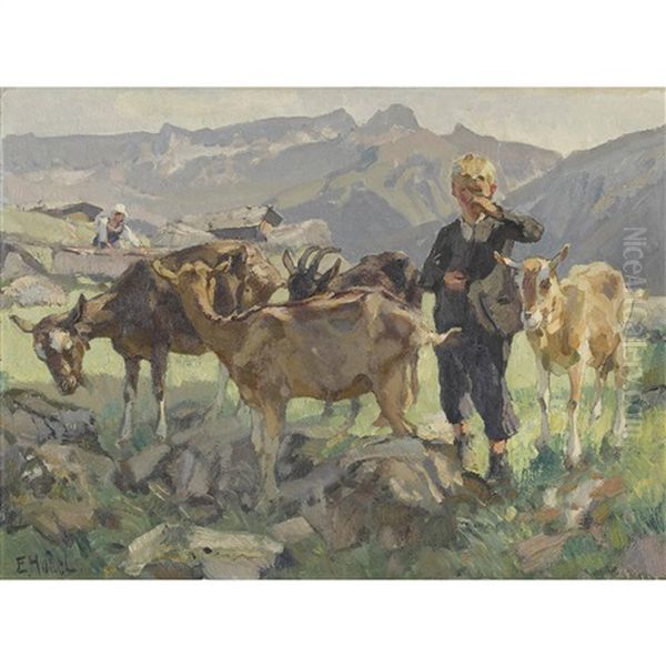 Junge Mit Ziegenherde Auf Der Alp Oil Painting by Ernst Hodel the Younger