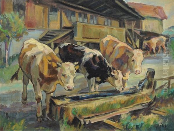 Rinder An Der Tranke Oil Painting by Ernst Hodel the Younger