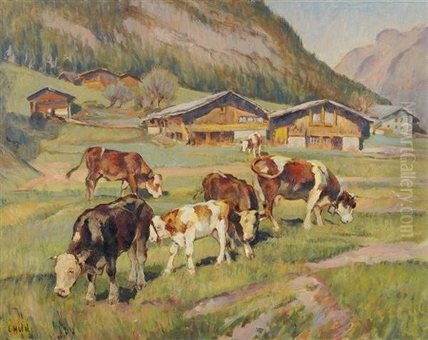 Kuhe Auf Der Alpweide Oil Painting by Ernst Hodel the Younger