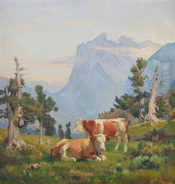 Zwei Kuhe Auf Der Alp Oil Painting by Ernst Hodel the Younger