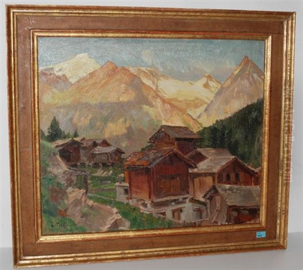 Walliser Bergdorf Oil Painting by Ernst Hodel the Younger