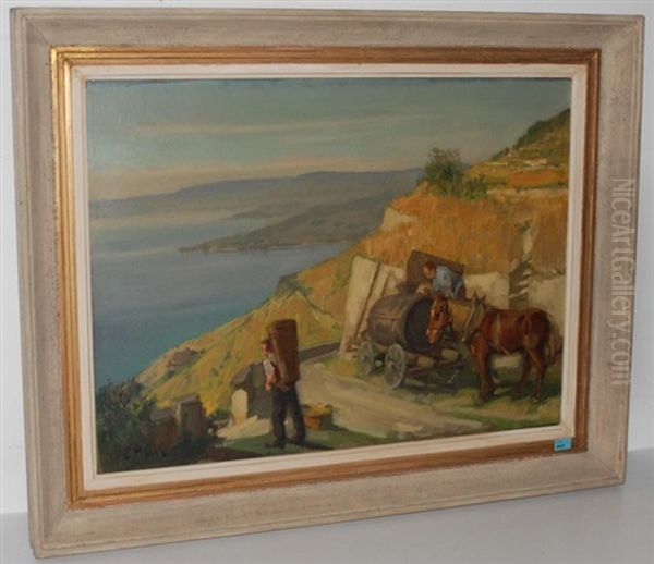 Traubenernte In Den Weinbergen Hoch Uber Dem See Oil Painting by Ernst Hodel the Younger